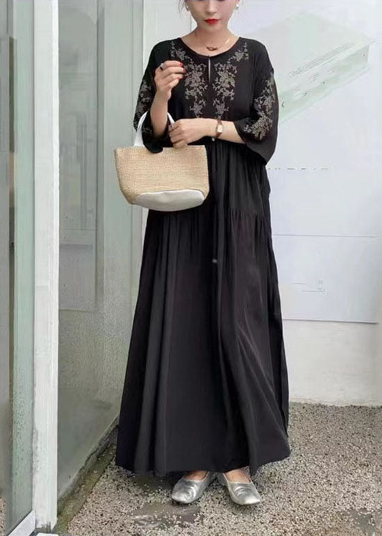 Black Patchwork Cotton Dress O Neck Wrinkled Summer