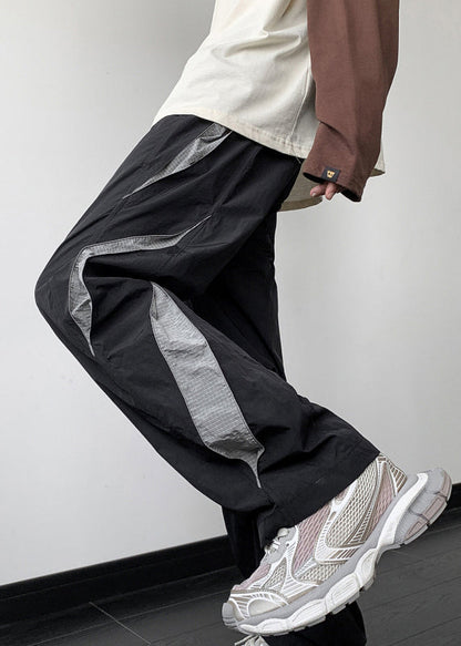 Black Patchwork Cotton Fall Pants Elastic Waist
