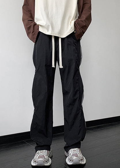Black Patchwork Cotton Fall Pants Elastic Waist