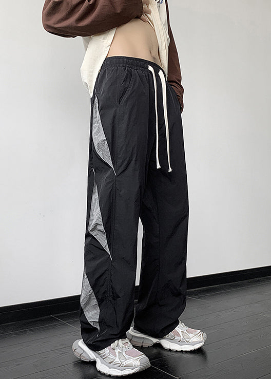 Black Patchwork Cotton Fall Pants Elastic Waist