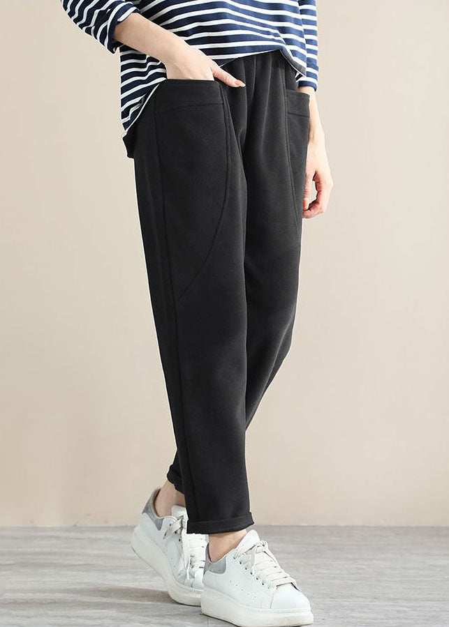 Black Patchwork Cotton Pants Pockets Color Spring