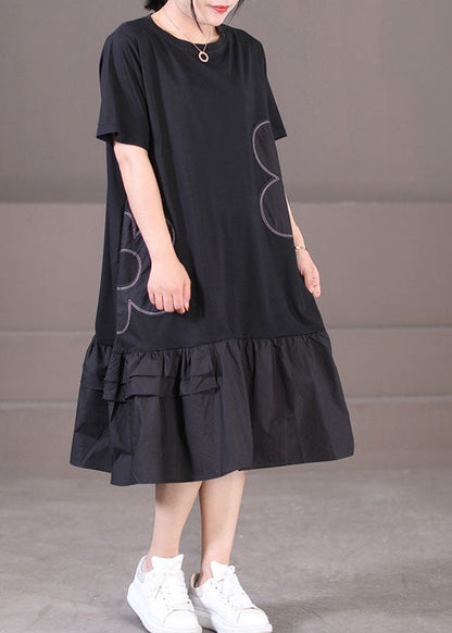 Black Patchwork Cotton Pleated Dress O-neck Color Short Sleeve