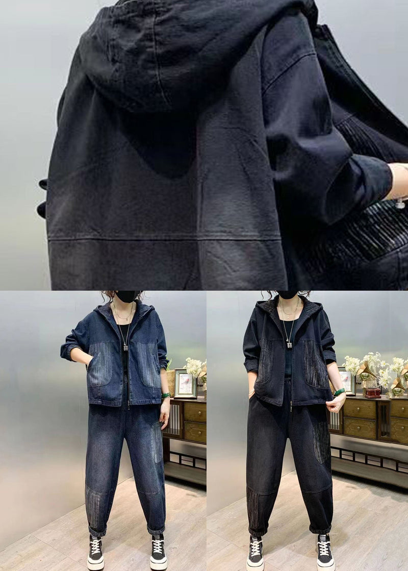Black Patchwork Denim Two Piece Set Tops and Pants Fall
