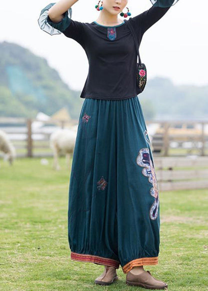 Black Patchwork Green Ruffles Top and Lantern Pants Two Piece Set Summer