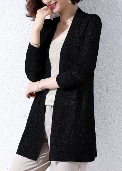 Black Patchwork Knit Cardigans Embroideried Hollow Out Fall