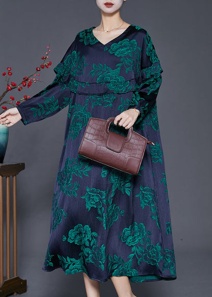 Black Patchwork Silk Dress Ruffled Print Fall