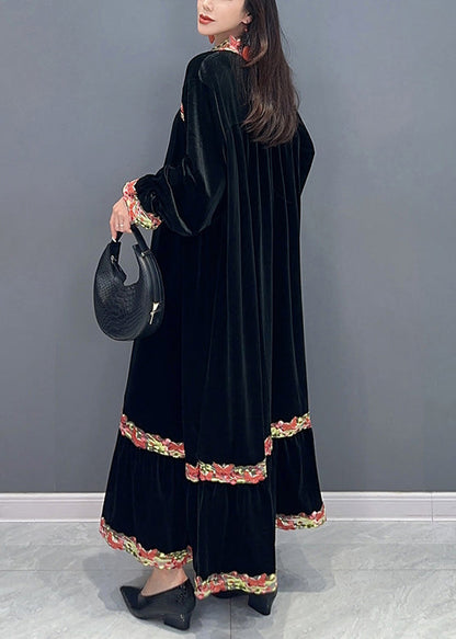 Black Patchwork Silk Velvet Stand Collar Long Dress Spring