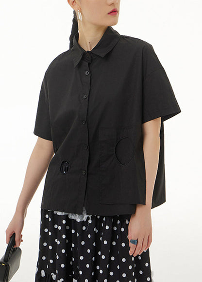 Black Patchwork Cotton Shirt Short Sleeve
