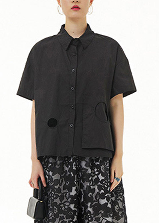 Black Patchwork Cotton Shirt Short Sleeve