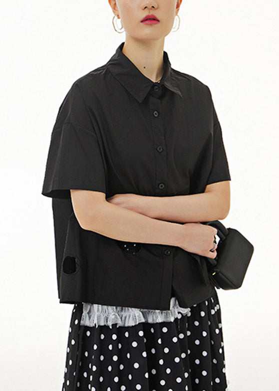 Black Patchwork Cotton Shirt Short Sleeve