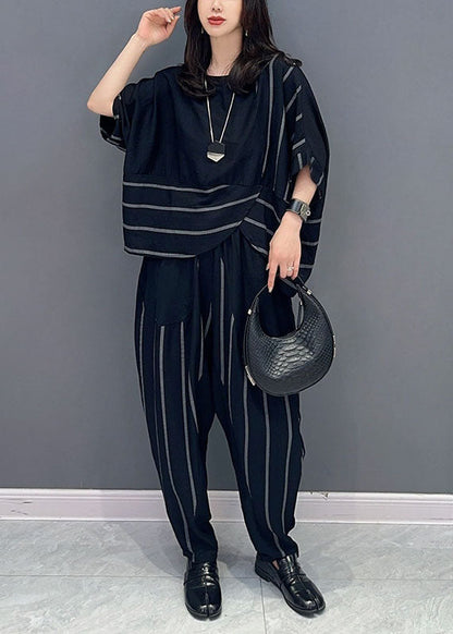 Black Patchwork Tops and Pants Cotton Two-piece Set O-neck Striped Summer
