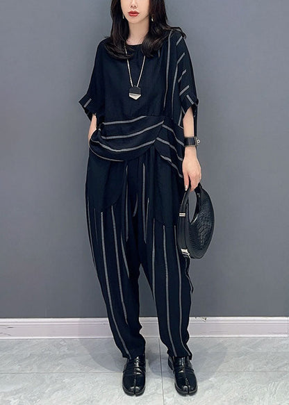 Black Patchwork Tops and Pants Cotton Two-piece Set O-neck Striped Summer