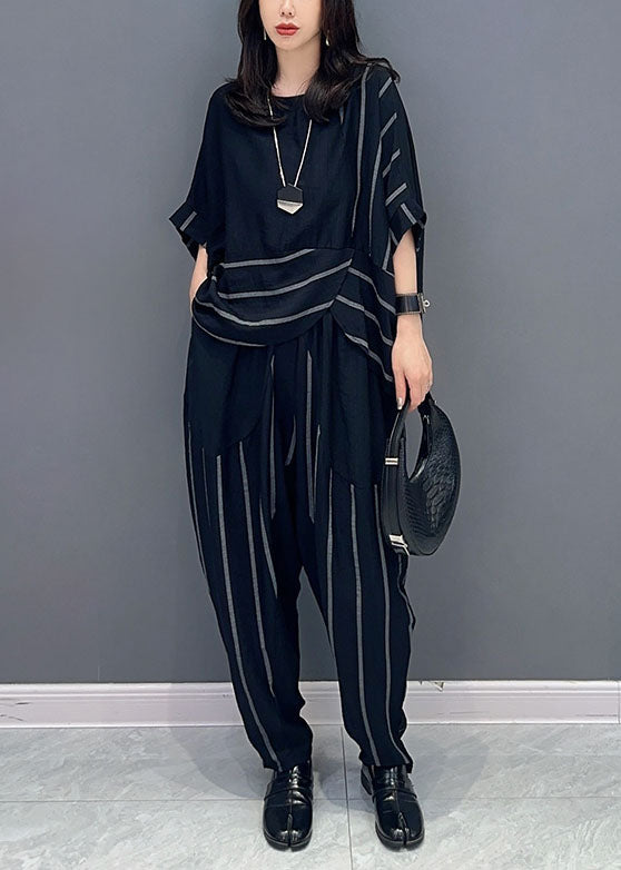 Black Patchwork Tops and Pants Cotton Two-piece Set O-neck Striped Summer