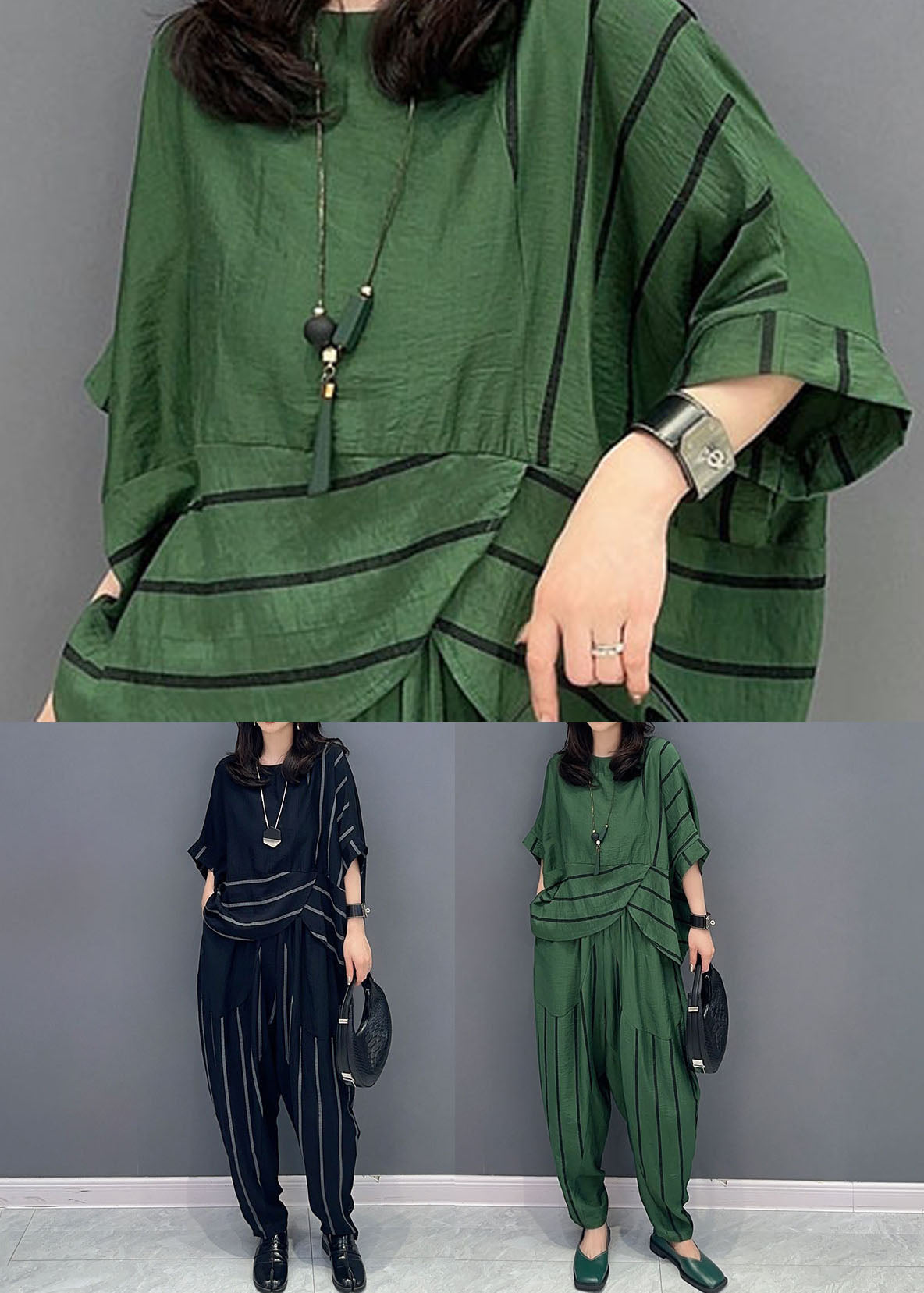 Black Patchwork Tops and Pants Cotton Two-piece Set O-neck Striped Summer