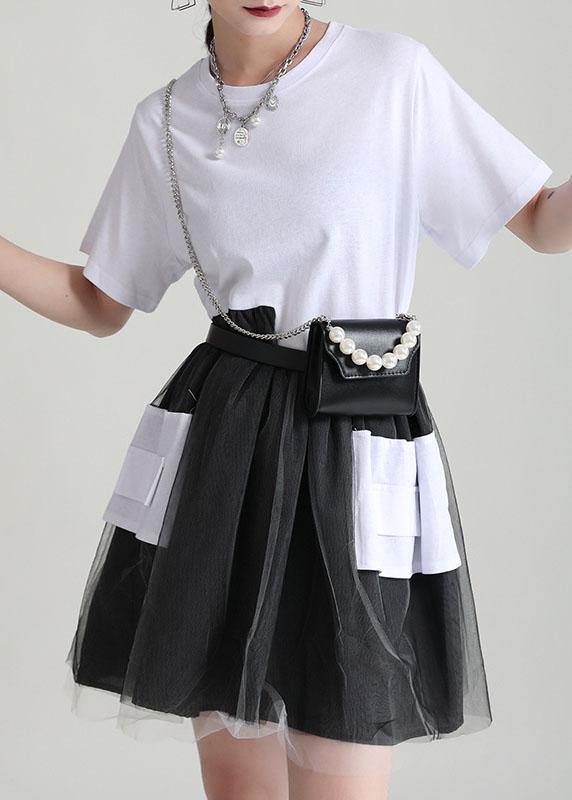 Black Patchwork Tulle Pockets Summer Holiday Dress Short Sleeve