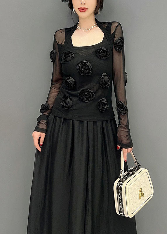 Black Patchwork Tulle Top Slim Fit Long Sleeve