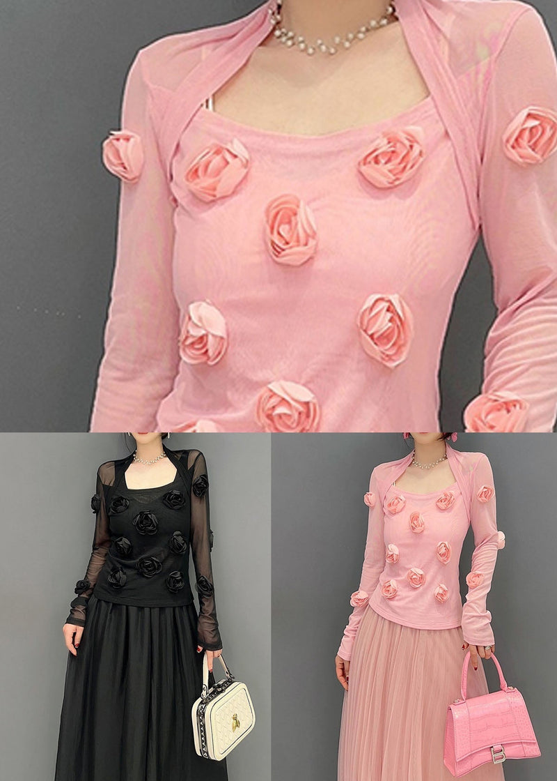 Black Patchwork Tulle Top Slim Fit Long Sleeve