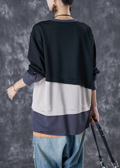 Black Patchwork Warm Fleece Ripped Pullover Sweatshirt Oversized Winter
