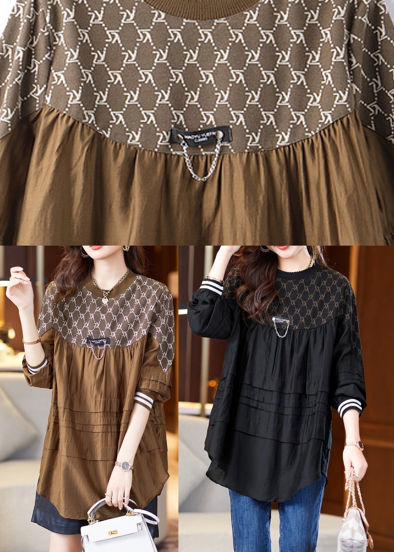 Black Patchwork Wrinkled Shirt Long Sleeve
