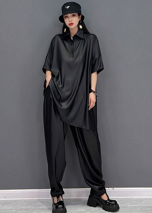 Black Peter Pan Collar T Shirt and Beam Pants Two Pieces Set Summer