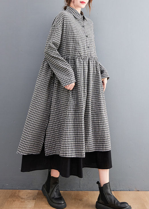 Black Plaid Button Side Open Cotton Dresses Shirts Spring