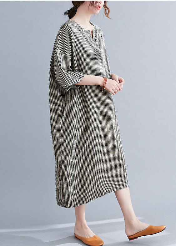 Black Plaid Linen Maxi Dress Oversized O-neck Summer