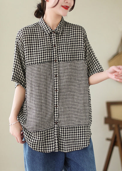 Black Plaid Patchwork Linen Blouse Top Oversized Summer