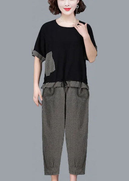 Black Plaid Patchwork Linen Tanks and Harem Pants Two Piece Set Clothing Drawstring Short Sleeve
