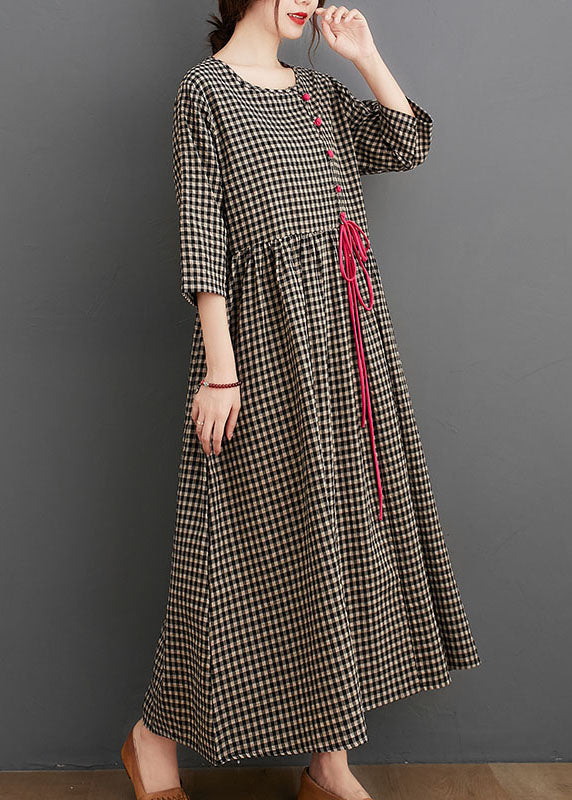 Black Plaid Pockets Linen Vacation Dresses Wrinkled Three Quarter Sleeve