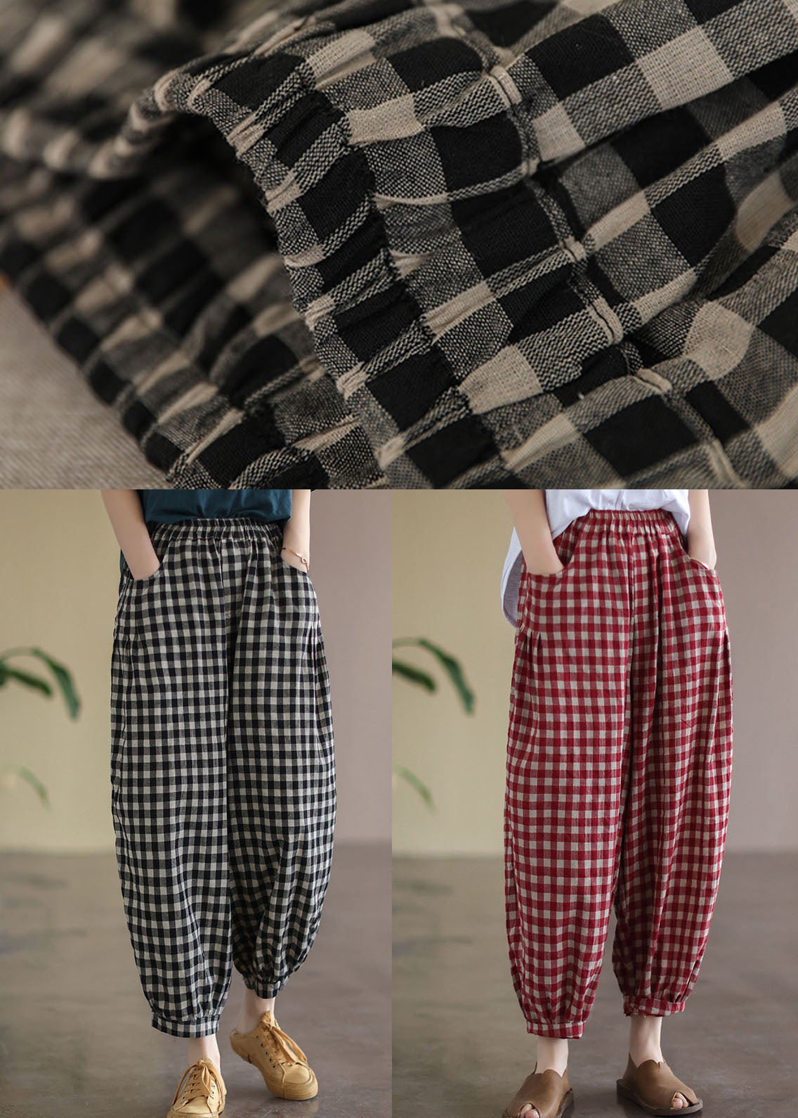 Black Plaid Pockets Linen High Waist Crop Pants Summer
