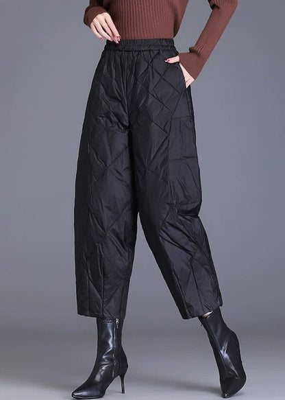 Black Plaid Fine Cotton Filled Crop Pants Elastic Waist
