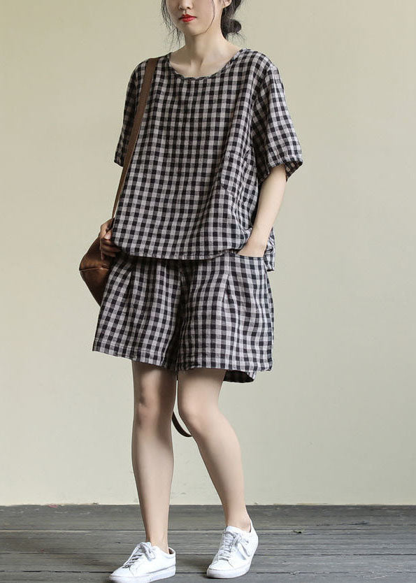 Black Plaid Tops and Shorts Patchwork Cotton Two Piece Set O Neck Summer