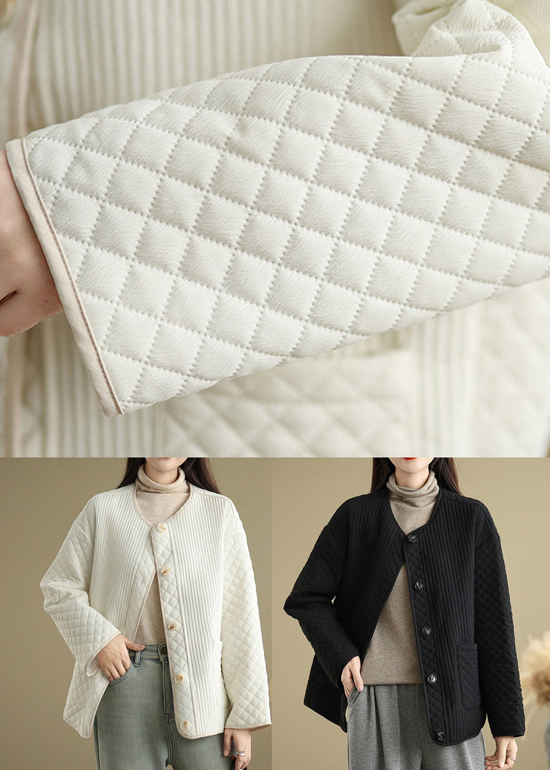 Black Pockets Button Fine Cotton Filled Coat O Neck Spring