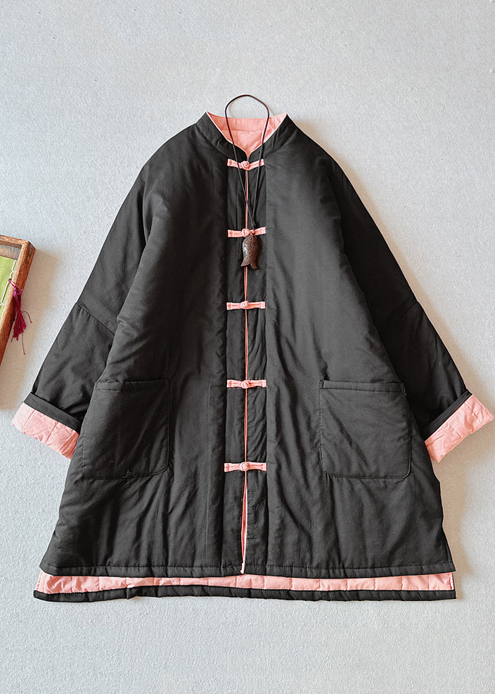 Black Pockets Chinese Button Fine Cotton Filled Loose Coat Winter
