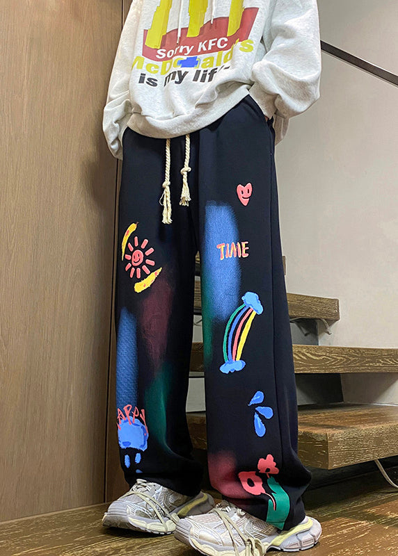 Black Pockets Cotton Spring Pants Elastic Waist