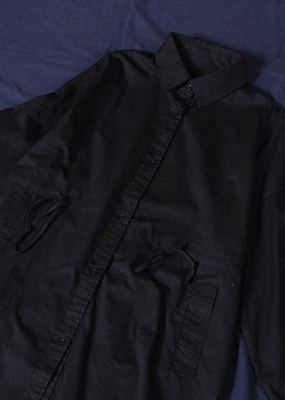 Black Pockets Cotton Loose Shirt Dresses Color Drawstring Long Sleeve