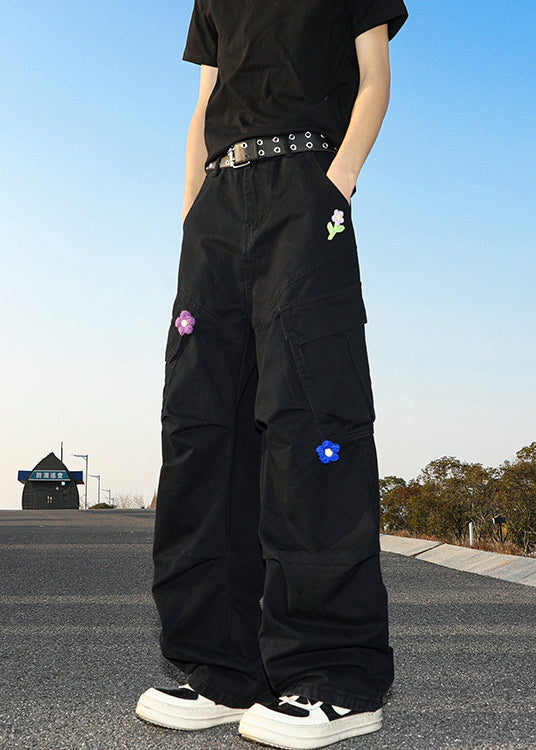 Black Pockets Cotton Summer Pants High Waist