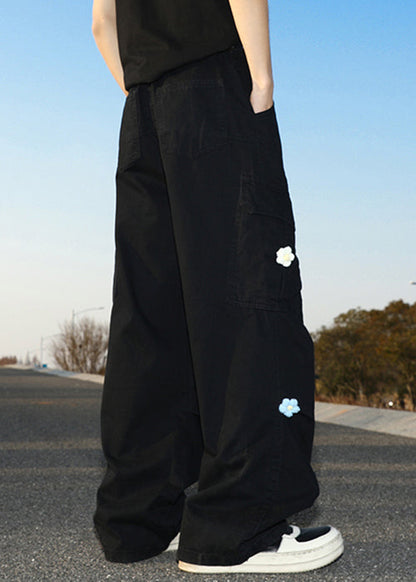 Black Pockets Cotton Summer Pants High Waist