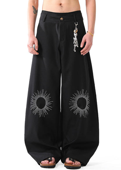 Black Pockets Cotton Summer Wide Leg Pants Embroideried