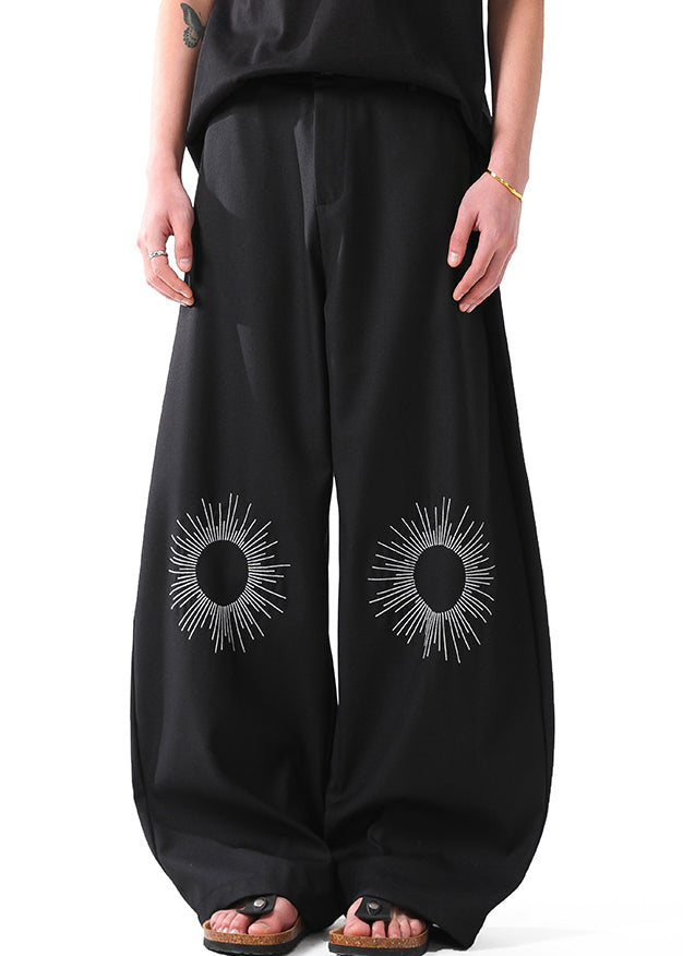 Black Pockets Cotton Summer Wide Leg Pants Embroideried