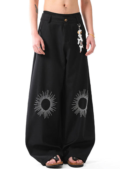 Black Pockets Cotton Summer Wide Leg Pants Embroideried