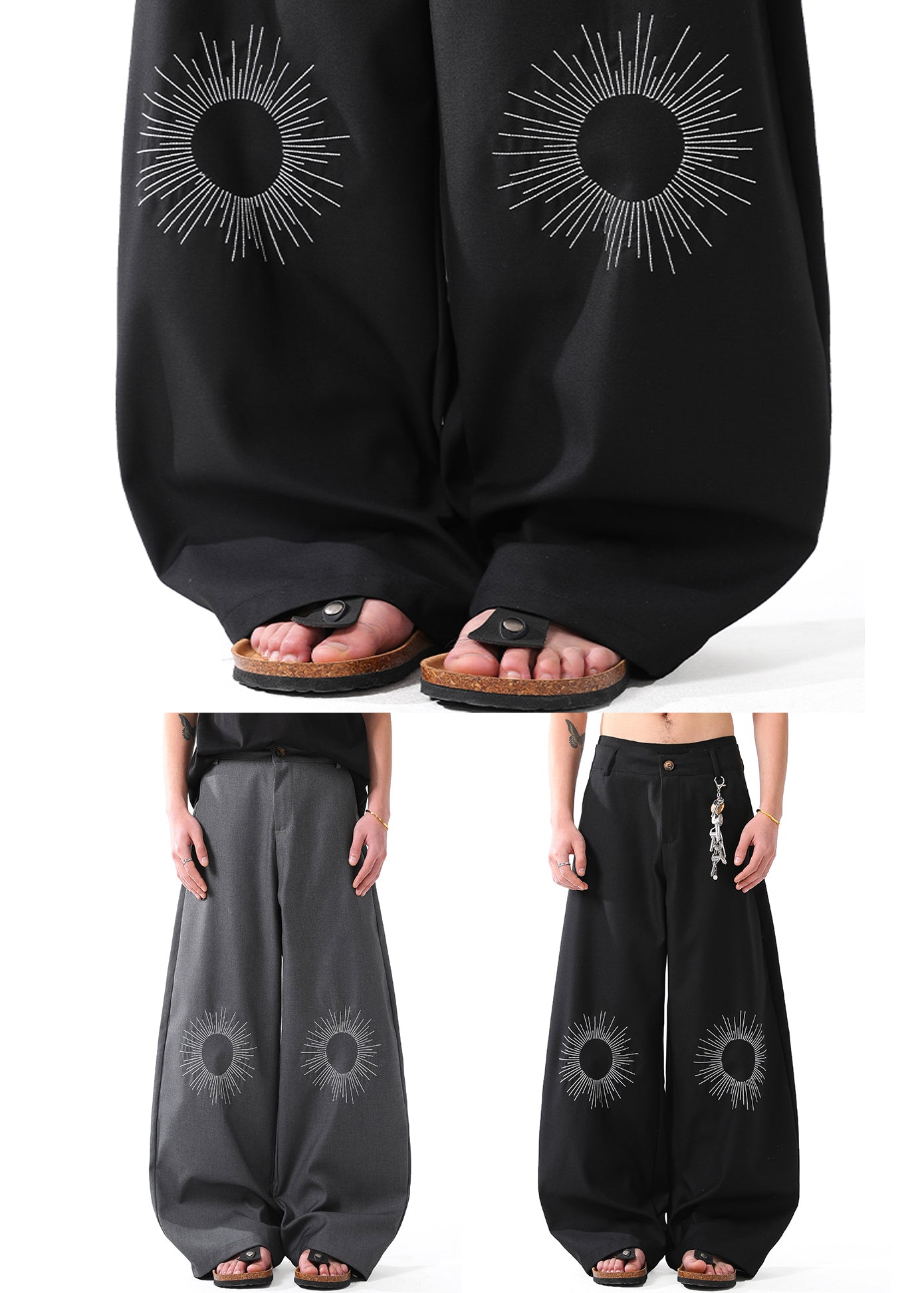 Black Pockets Cotton Summer Wide Leg Pants Embroideried