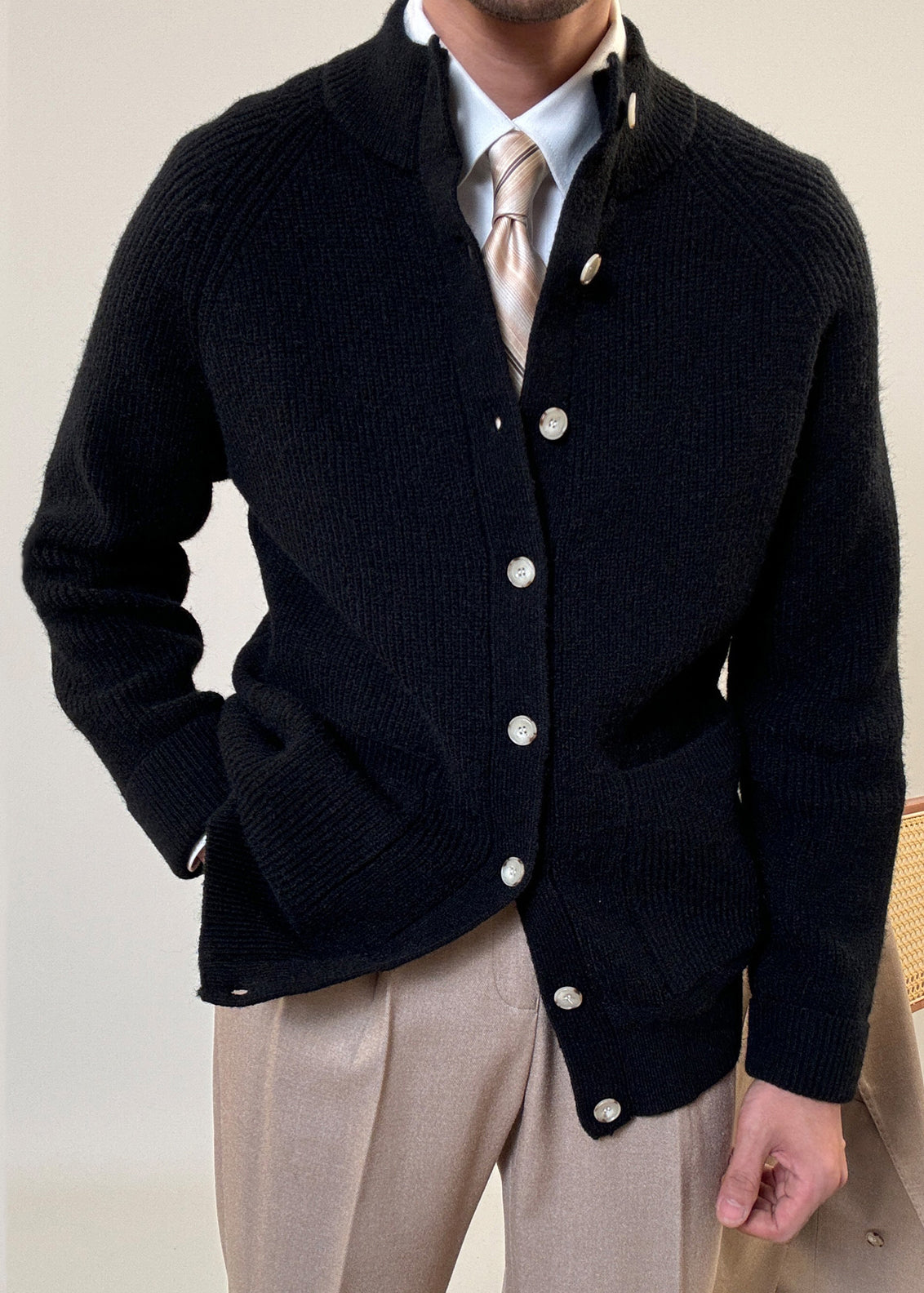 Black Pockets Cozy Cotton Knit Coats Stand Collar