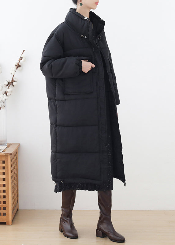 Black Pockets Drawstring Cotton Parka Long Sleeve