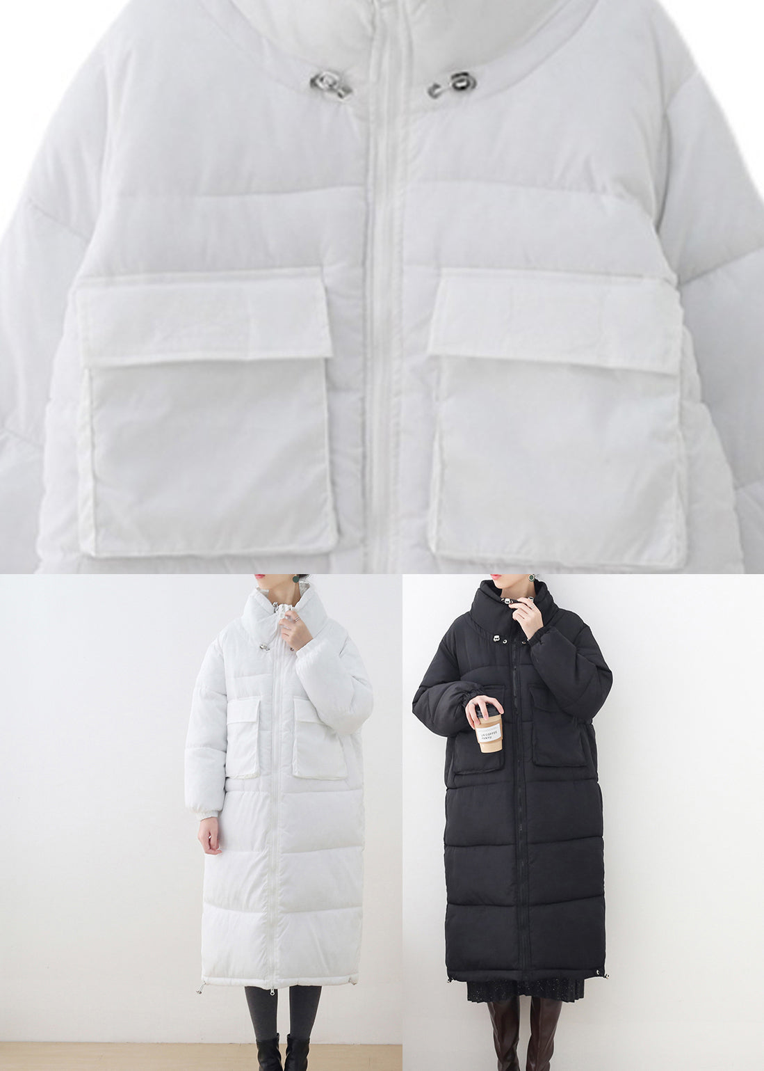 Black Pockets Drawstring Cotton Parka Long Sleeve