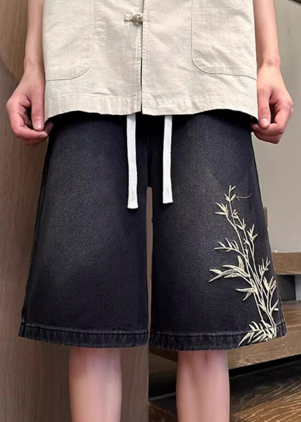 Black Pockets Elastic Waist Denim Summer Shorts Embroideried