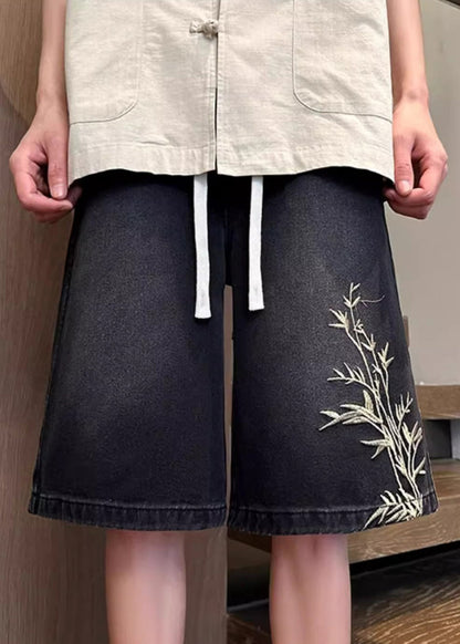 Black Pockets Elastic Waist Denim Summer Shorts Embroideried