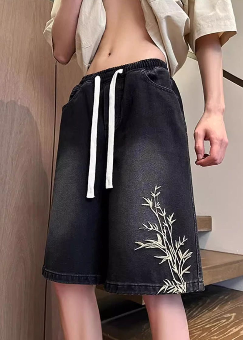 Black Pockets Elastic Waist Denim Summer Shorts Embroideried