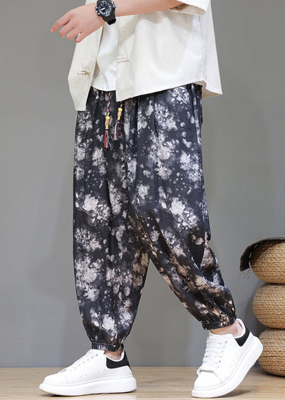 Black Pockets Lace Up Ice Silk Beam Pants Elastic Waist