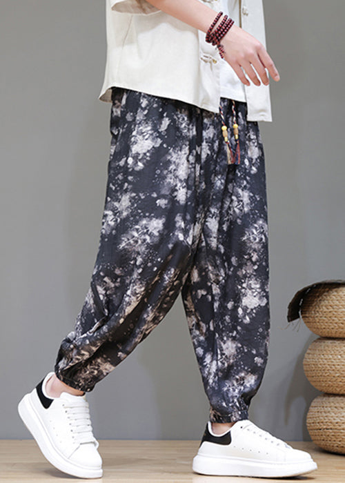 Black Pockets Lace Up Ice Silk Beam Pants Elastic Waist